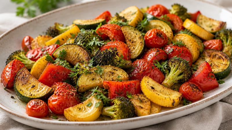 A sheet pan of golden roasted vegetables including zucchini, bell pepper, broccoli, and burst cherry tomatoes, topped with fresh parsley and a lemon wedge on the side