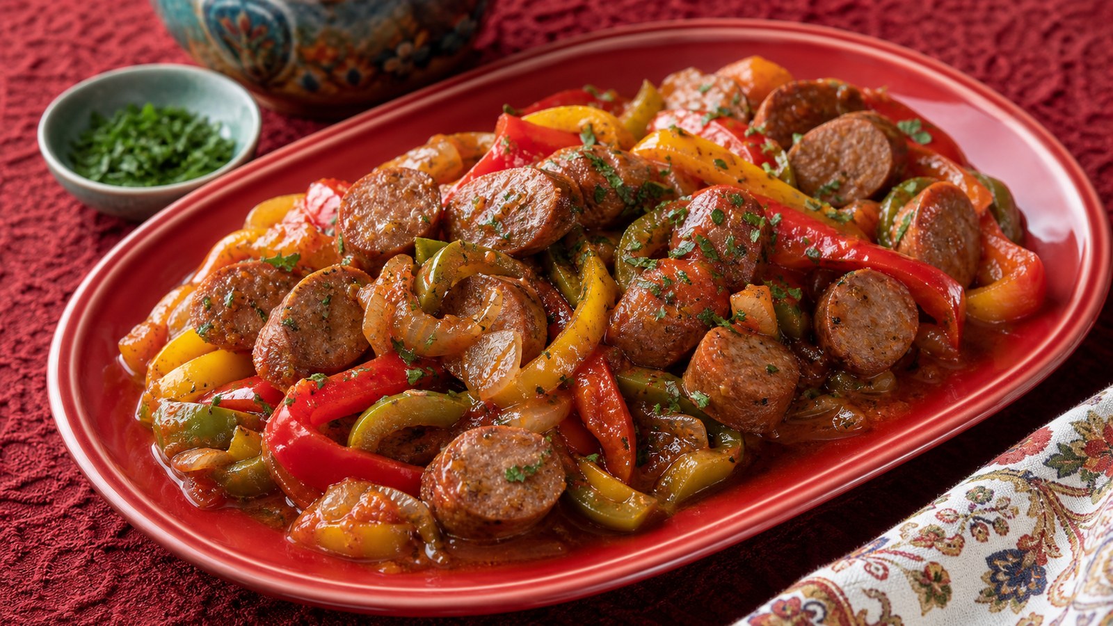 Slow Cooker Sausage and Peppers finished and ready to serve