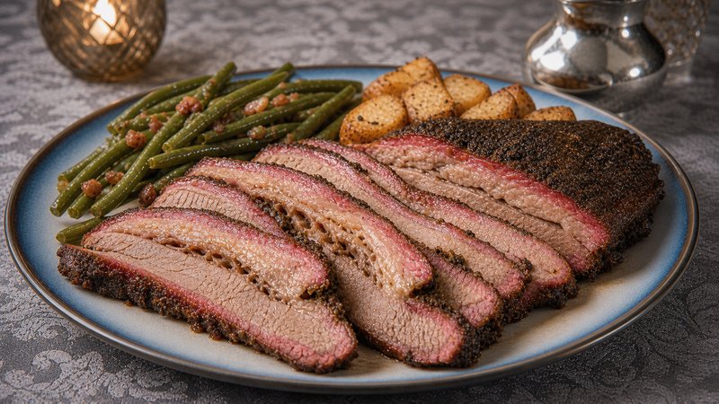 Sliced smoked Texas brisket with dark mahogany bark, served on butcher paper with pickles and onions