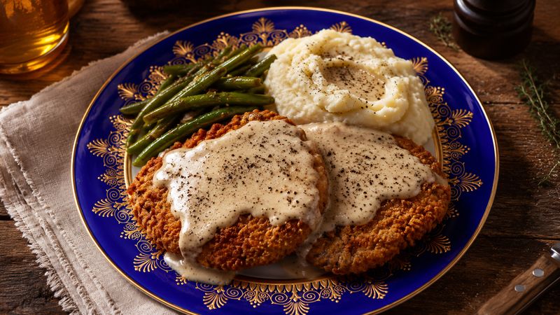 Southern Chicken-Fried Steak with Black Pepper Gravy finished and ready to serve