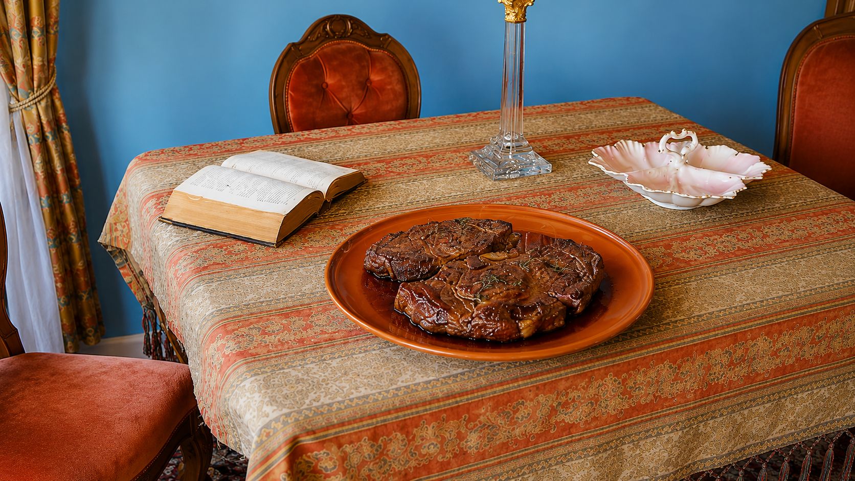 Close-up of a pan-seared ribeye steak with a deep brown crust, sliced to show a pink medium-rare center, garnished with fresh thyme and garlic on a wooden cutting board