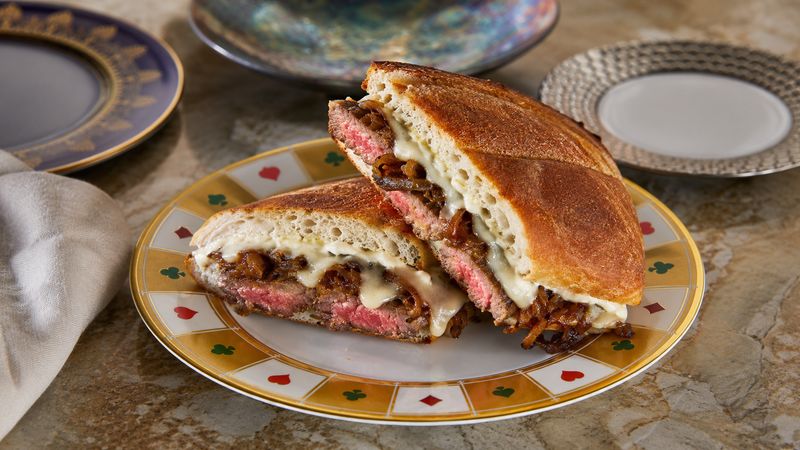 Steak Sandwich with Caramelized Onions and Horseradish Sauce finished and ready to serve