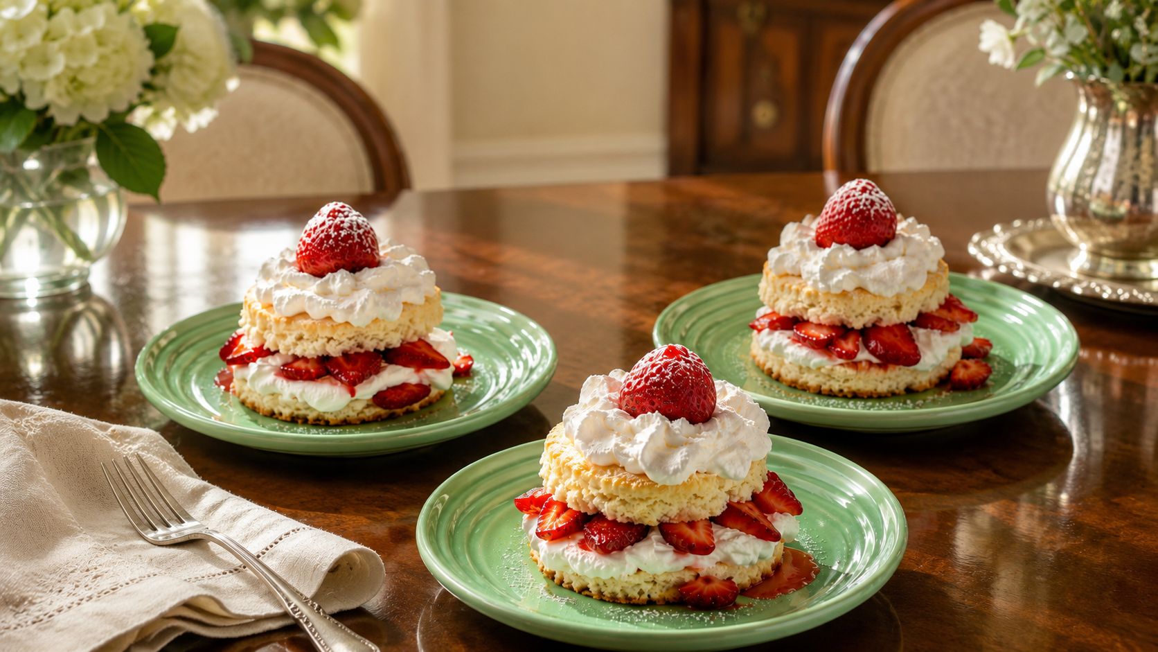 Classic strawberry shortcake with a golden flaky buttermilk biscuit split in half, layered with ruby-red macerated strawberries and a generous dollop of freshly whipped cream on a white ceramic plate