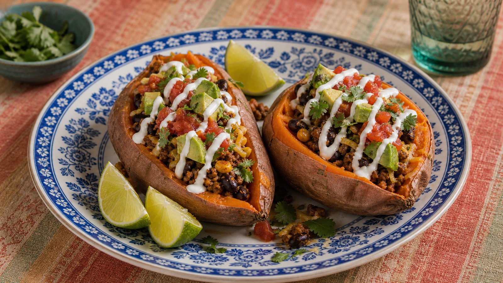 Taco Stuffed Sweet Potatoes finished and ready to serve