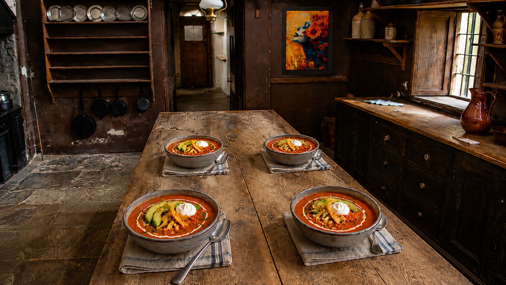 A bowl of rich, velvety homemade tomato soup garnished with fresh basil leaves and a swirl of cream, served in a white ceramic bowl with a grilled cheese sandwich on the side